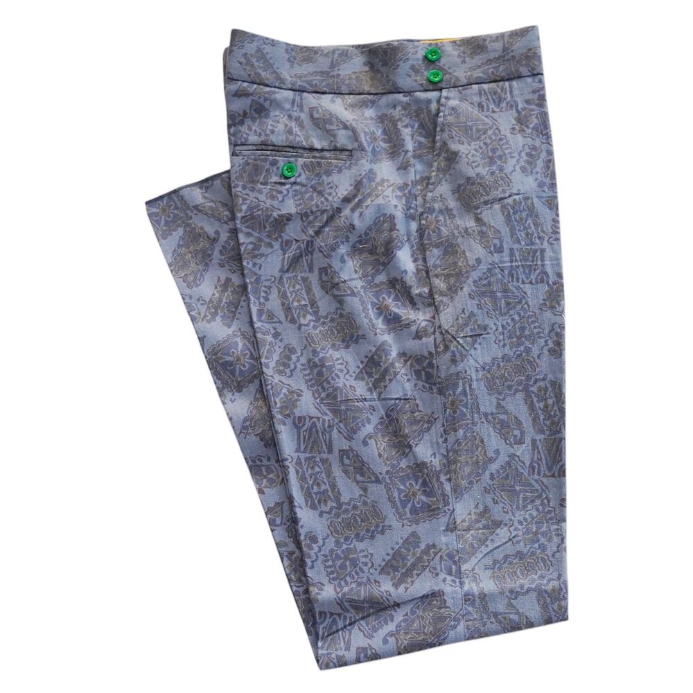 Mens 36 Blue Abstract Geometric Gurkha Pants Cotton Flat Front Slim Fit Trousers